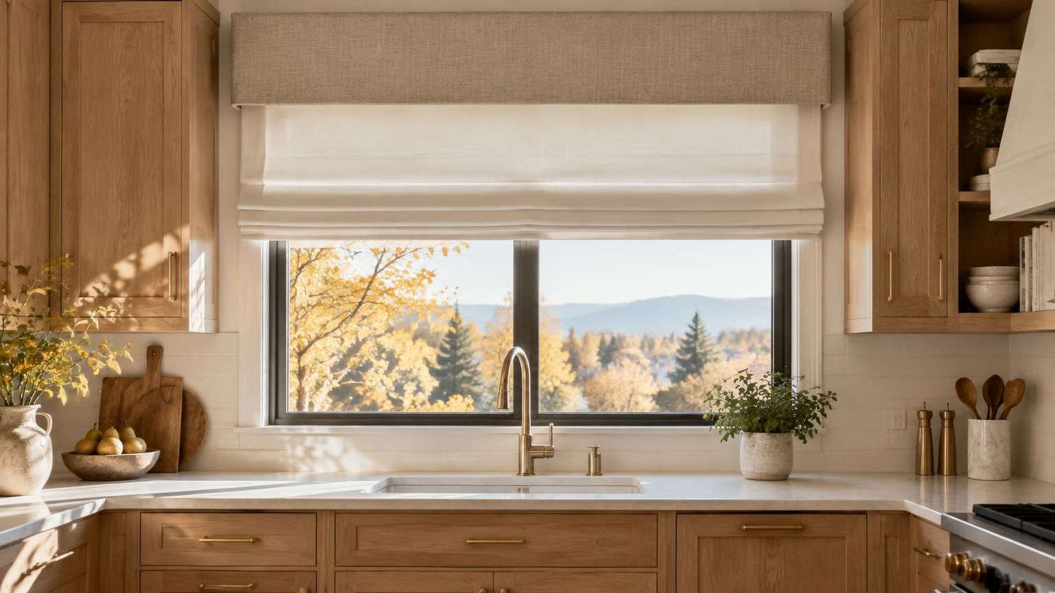 Kitchen Valance Designs: Layering Valances and Cornices Over Roman Shades